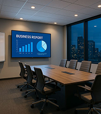 Modern corporate boardroom with conference table, chairs, and presentation screen