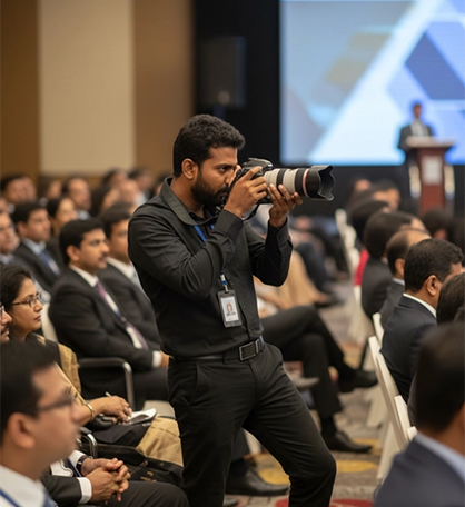 Professional photographer capturing a corporate event with an audience and stage