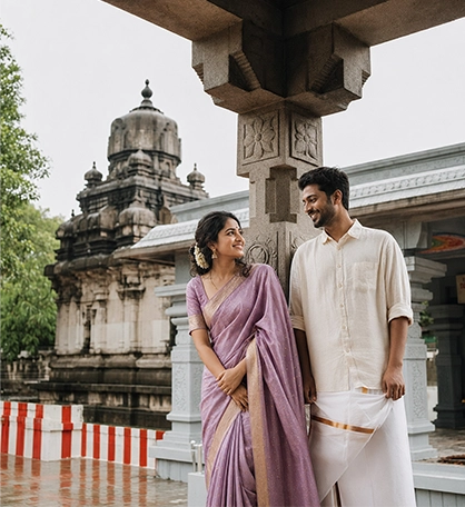 Couple posing together in traditional attire near a historic temple for a wedding portrait