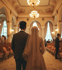 Wedding couple viewed from behind inside an ornate religious hall during the wedding