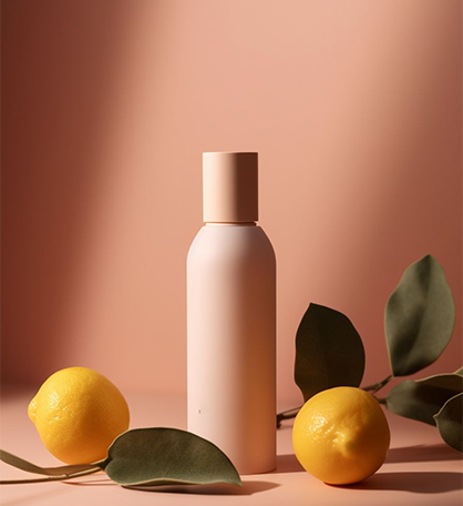 Product photoshoot featuring a cosmetic bottle styled with lemons, leaves, and soft light