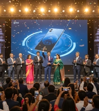 Product launch event with speakers and guests gathered on a brightly lit stage for launch