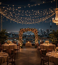 Rooftop celebration venue decorated with string lights, tables, and floral arches