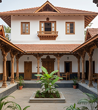 Traditional heritage house with a courtyard and tiled roof arranged for wedding events