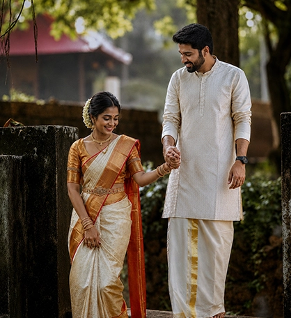 Couple in traditional attire walking together during a wedding photography session