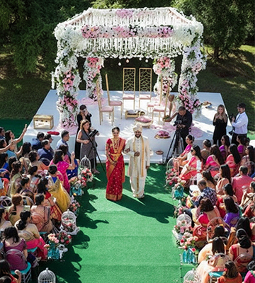 Drone capturing aerial views of a wedding or large outdoor event in Coimbatore